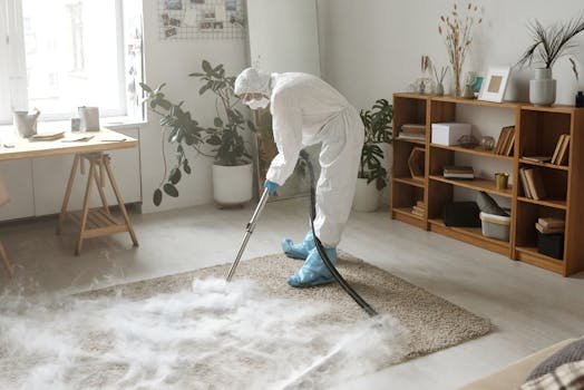 A woman in protective gear disinfects a carpet indoors to ensure safety during the COVID-19 pandemic.
